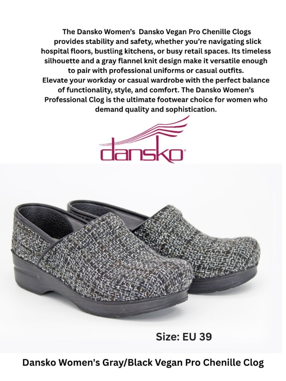 Dansko Women's Gray/Black Vegan Pro Chenille Clog